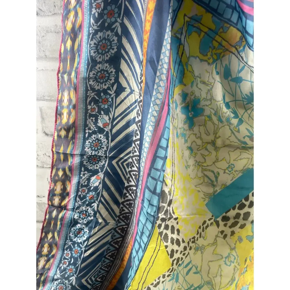 Johnny Was Silk Scarf Large Square Patchwork Boho Tassel Wrap Pink Blue